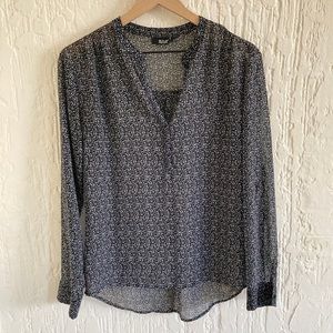 ANA Black And White Print Long Sleeve Quarter Button Down Blouse Size Small